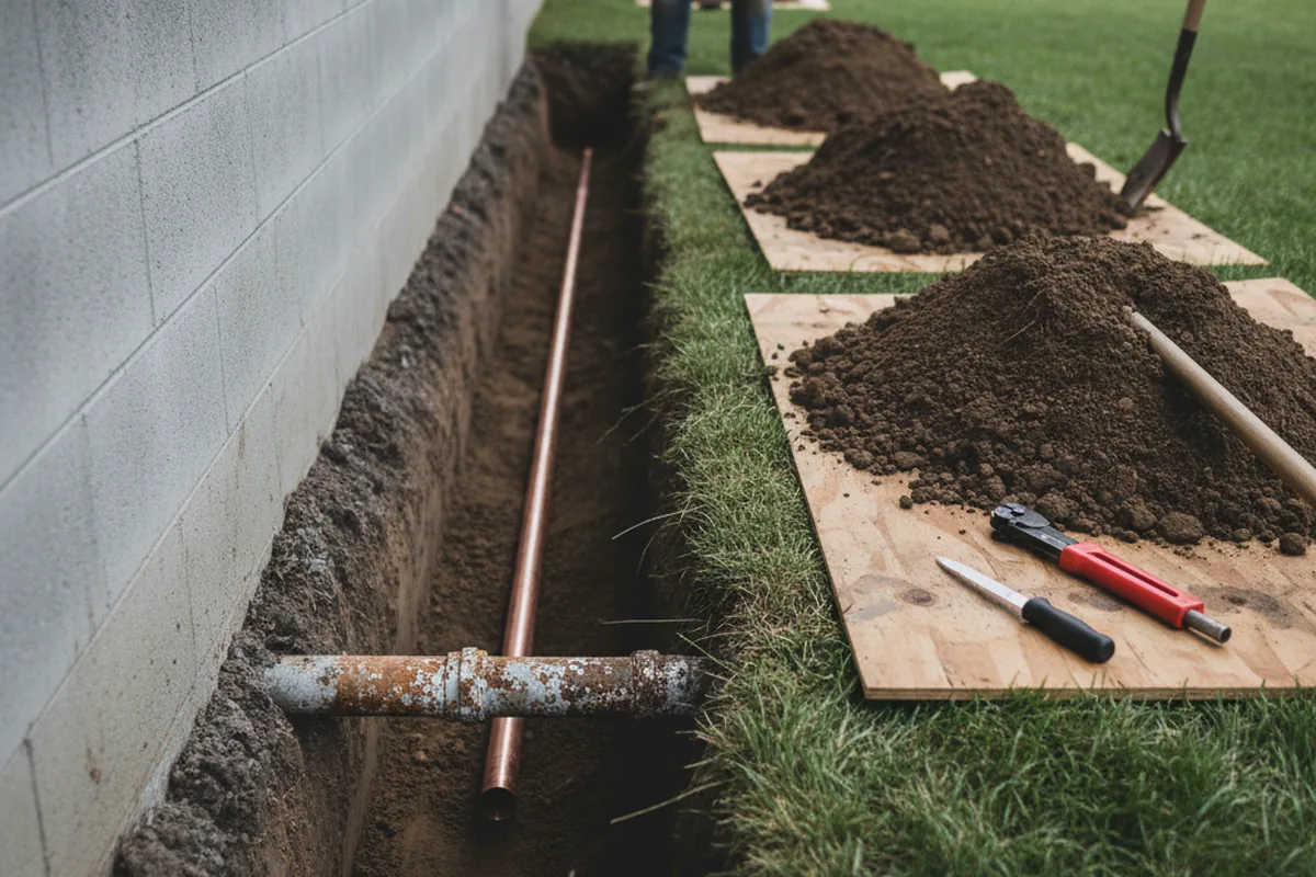 Excavated water line trench during Water Softener Installation in Mount Calvary